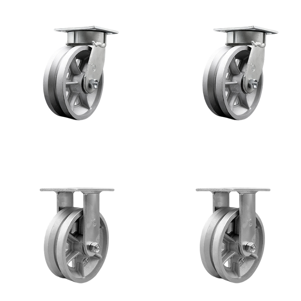 Heavy Duty Kingpinless Swivel Caster Set of 4 with 6 Inch V-Groove Semi Steel Cast Iron Wheels and Ball Bearings - Includes 2 Swivel and 2 Rigid - 4,800 lbs. Total Capacity - Service Caster Brand — photo 1