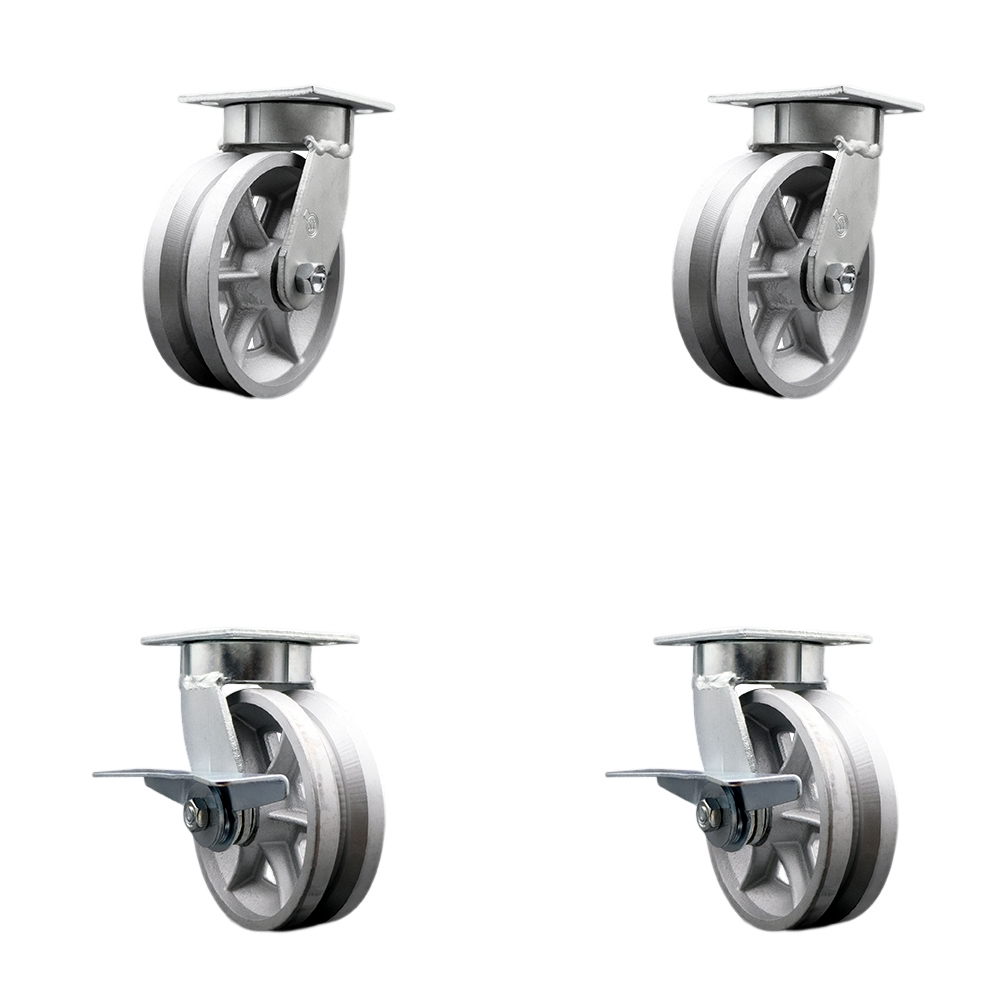 Kingpinless V Groove Semi Steel Swivel Top Plate Caster Set of 4 w/6" x 2" Silver Wheels - Includes 2 Swivel with Brakes & 2 Swivel - 4800 lbs Total Capacity - Service Caster Brand — photo 1