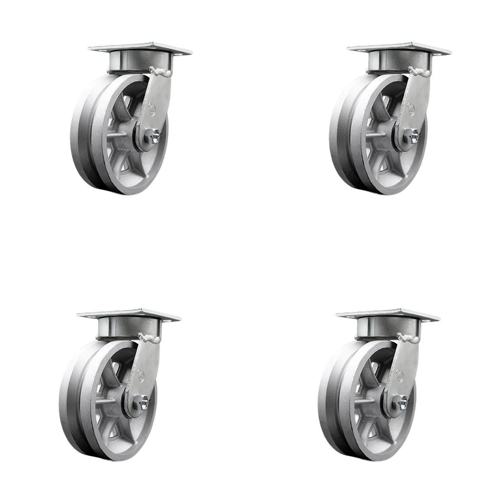 Heavy Duty Kingpinless Swivel Caster Set of 4 with 6 Inch V-Groove Semi Steel Cast Iron Wheels and Bronze Bearings - Includes 4 Swivel - 4,800 lbs. Total Capacity - Service Caster Brand — photo 1