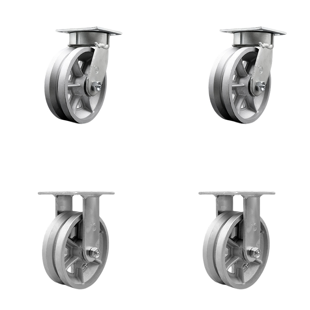 Heavy Duty Kingpinless Swivel Caster Set of 4 with 6 Inch V-Groove Semi Steel Cast Iron Wheels and Bronze Bearings - Includes 2 Swivel with Bolt on Swivel Locks and 2 Rigid - Service Caster Brand — photo 1