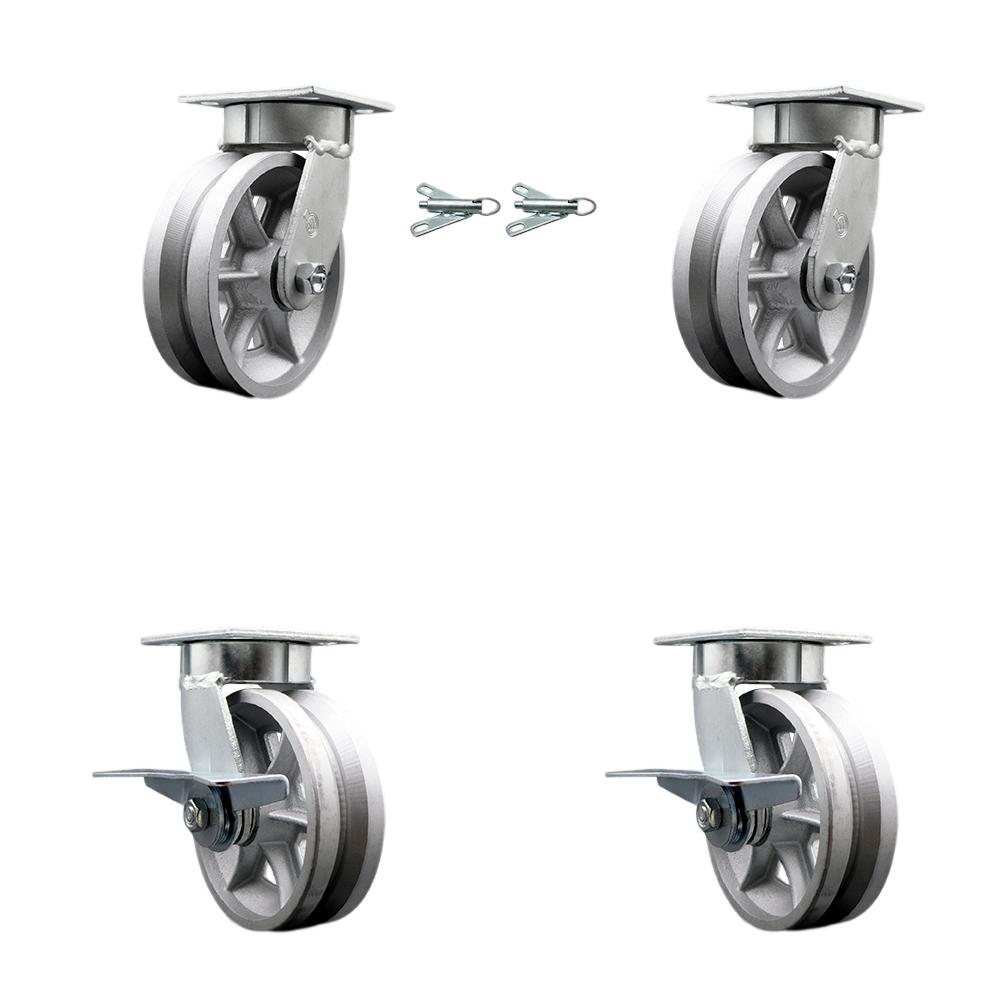 Heavy Duty Kingpinless Swivel Caster Set of 4 with 6 Inch V-Groove Semi Steel Cast Iron Wheels and Bronze Bearings-Includes 2 Swivel with Bolt on Swivel Lock & 2 Swivel with Brake-Service Caster Brand — photo 1