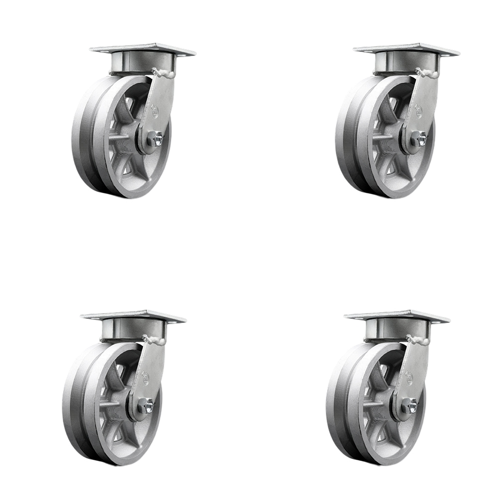 Heavy Duty Kingpinless Swivel Caster Set of 4 with 6 Inch V-Groove Semi Steel Cast Iron Wheels & Bronze Bearings-Include 4 Swivel with Bolt on Swivel Lock-4,800lbs. Total Capacity-Service Caster Brand — photo 1