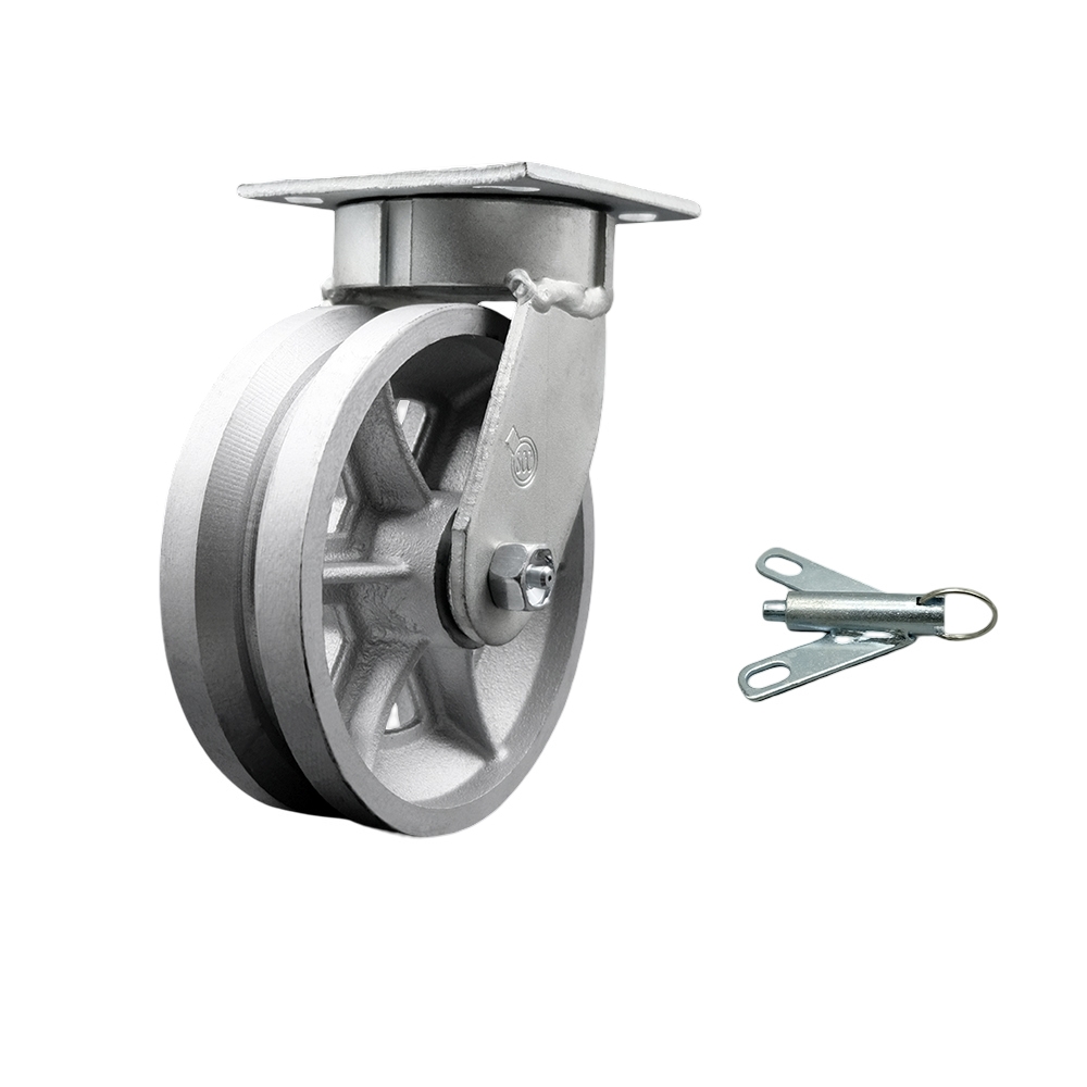 Heavy Duty Kingpinless Swivel Top Plate Caster with Bolt on Swivel Lock and 6 Inch V-Groove Semi Steel Cast Iron Wheel with Bronze Bearings - 1,200 lbs. Capacity/Caster - Service Caster Brand — photo 1