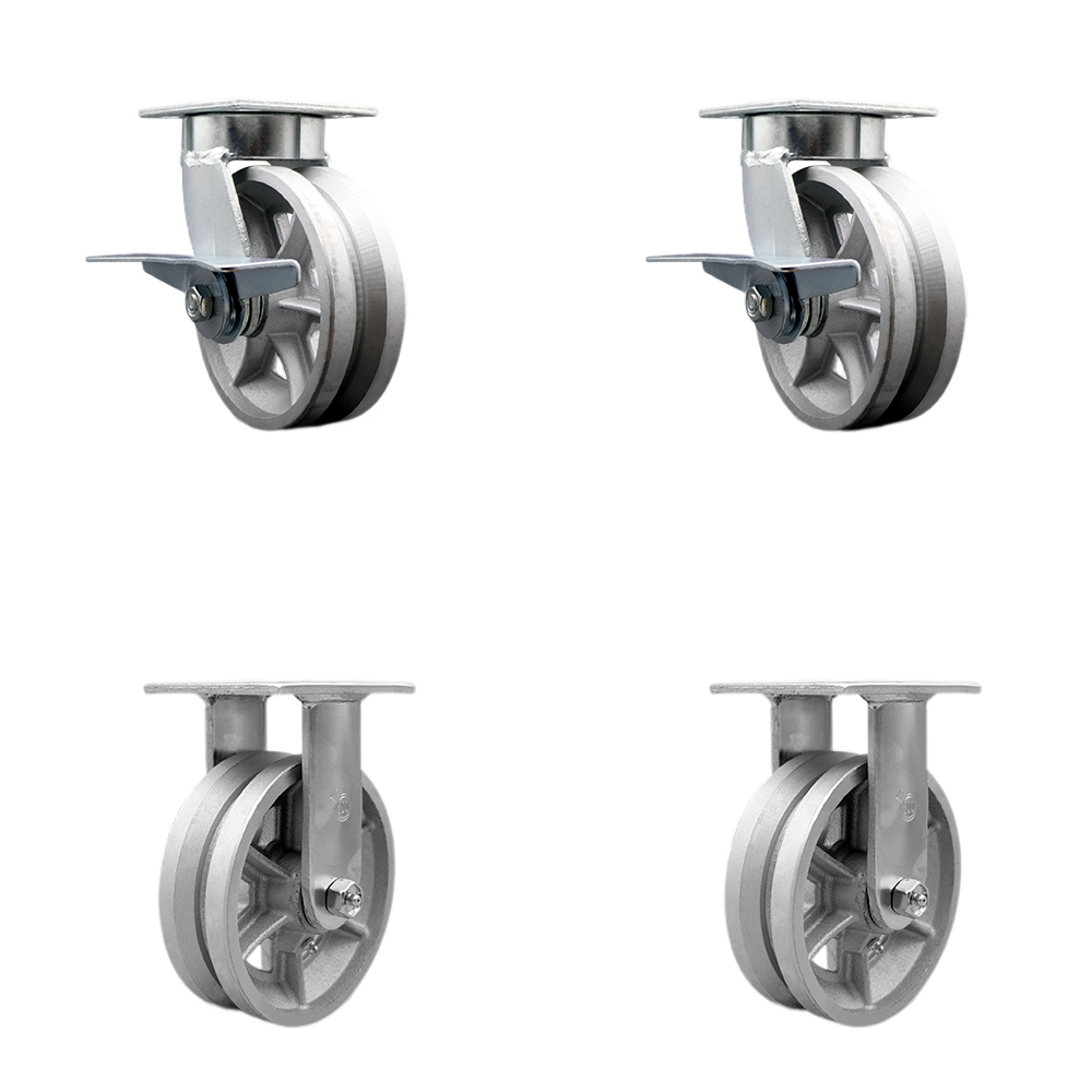 Heavy Duty Kingpinless Swivel Caster Set of 4 with 6 Inch V-Groove Semi Steel Cast Iron Wheels and Bronze Bearings-Includes 2 Swivel with Brake & 2 Rigid-4,800 lbs. Total Capacity-Service Caster Brand — photo 1