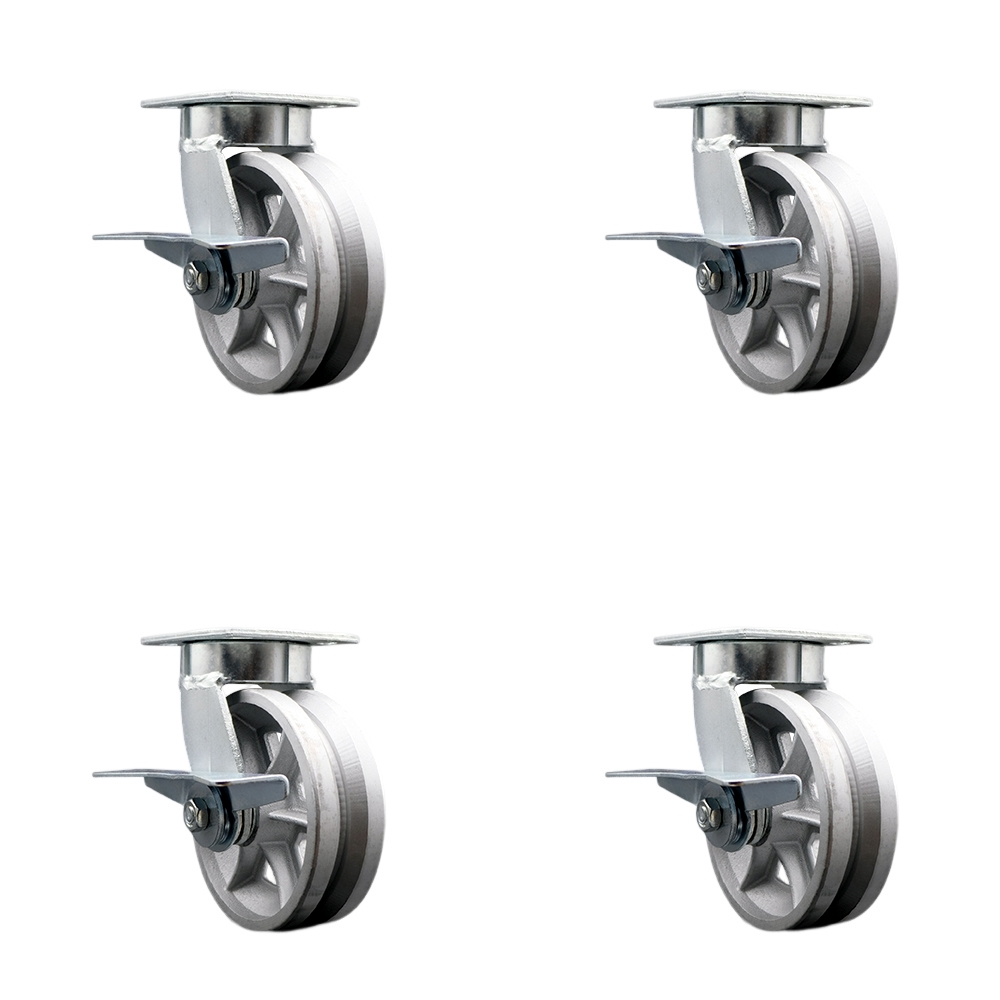 Kingpinless V Groove Semi Steel Swivel Top Plate Caster Set of 4 w/6" x 2" Silver Wheels - Includes 4 Swivel w/Side Lck Brakes - 4800 lbs Total Capacity - Service Caster Brand — photo 1