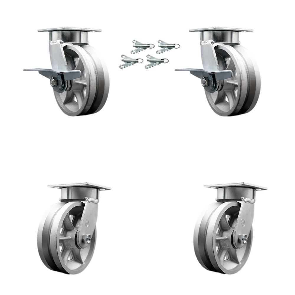 Heavy Duty Kingpinless Swivel Caster Set with 6 Inch V-Groove Semi Steel Wheels and Ball Bearings-Includes 2 Swivel with Brakes&Bolt on Swivel Locks and 2 Swivel with Swivel Lock- Service Caster Brand — photo 1