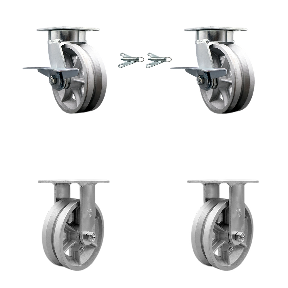 Heavy Duty Kingpinless Swivel Caster Set of 4 with 6 Inch V-Groove Semi Steel Cast Iron Wheels and Ball Bearings-Includes 2 Swivel with Brakes and Bolt on Swivel Locks and 2 Rigid-Service Caster Brand — photo 1