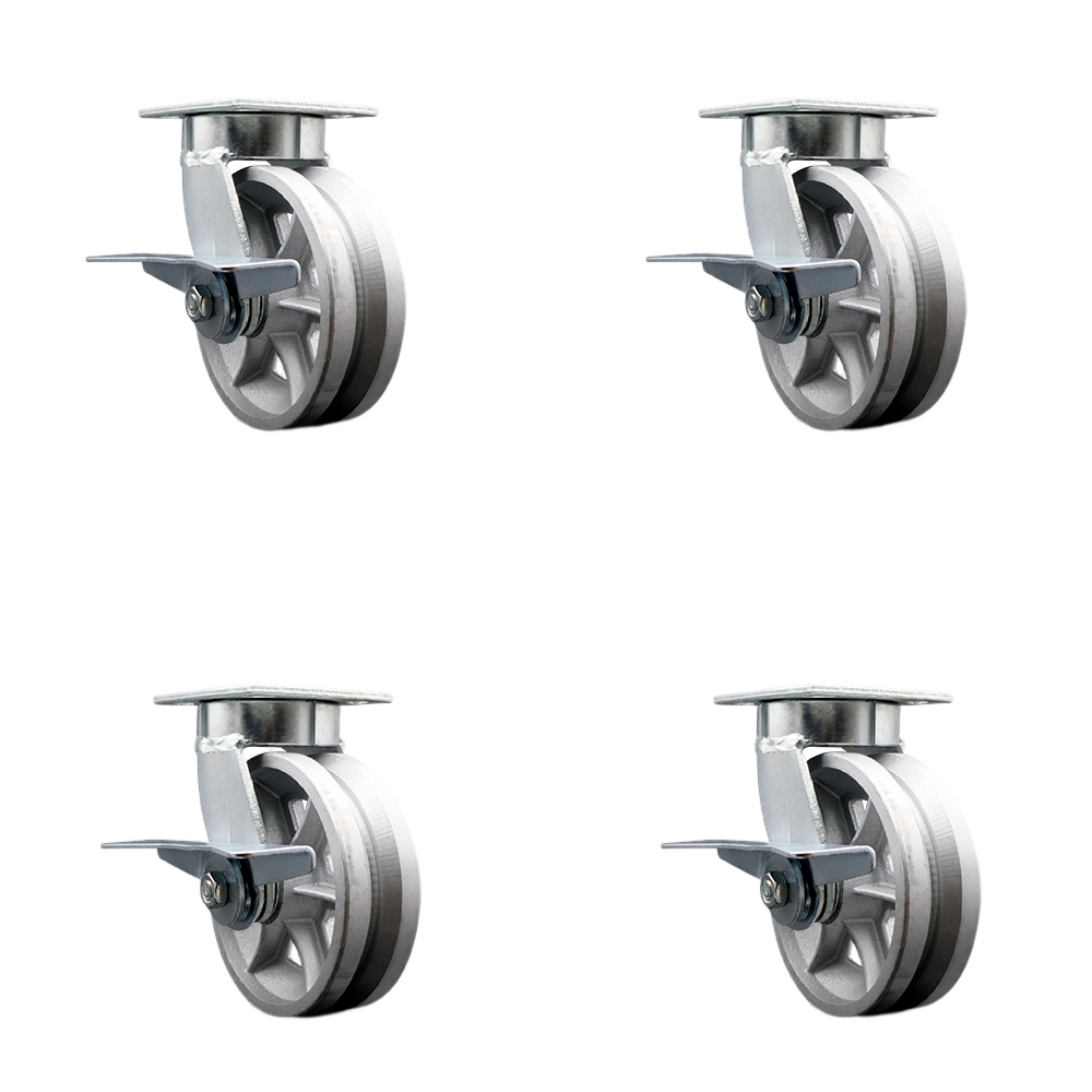 Heavy Duty Kingpinless Swivel Caster Set of 4 with 6 Inch V-Groove Semi Steel Cast Iron Wheels and Ball Bearings-Includes 4 Swivel with Side Lock Brakes and Bolt on Swivel Locks - Service Caster Brand — photo 1