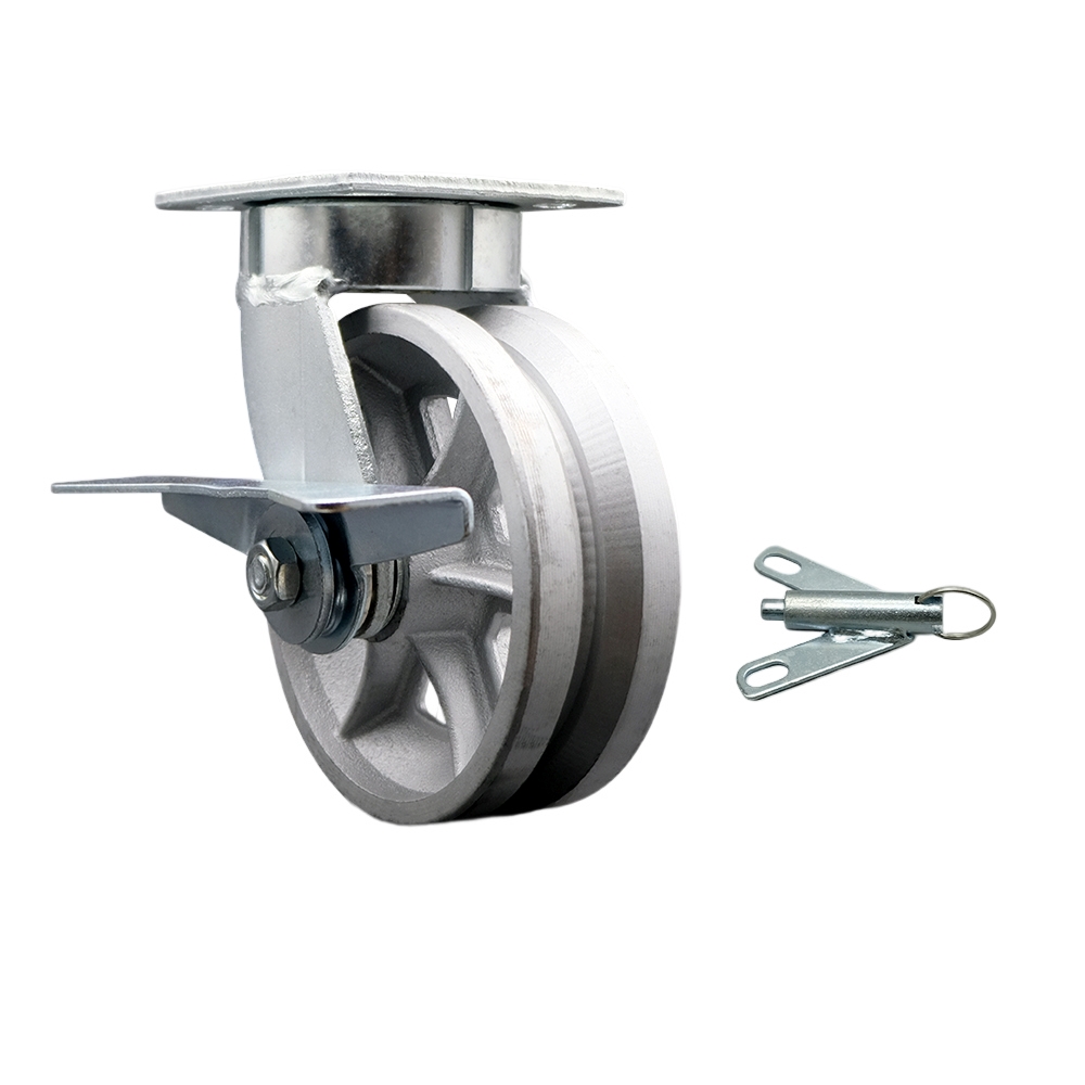 Heavy Duty Kingpinless Swivel Top Plate Caster with Side Lock Brake&Bolt on Swivel Lock and 6 Inch V-Groove Semi Steel Cast Iron Wheel with Bronze Bearing-1,200lbs Capacity/Caster-Service Caster Brand — photo 1