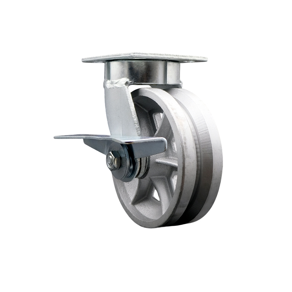 Heavy Duty Kingpinless Swivel Top Plate Caster with Side Lock Brake and 6 Inch V-Groove Semi Steel Cast Iron Wheel with Bronze Bearings - 1,200 lbs. Capacity/Caster - Service Caster Brand — photo 1