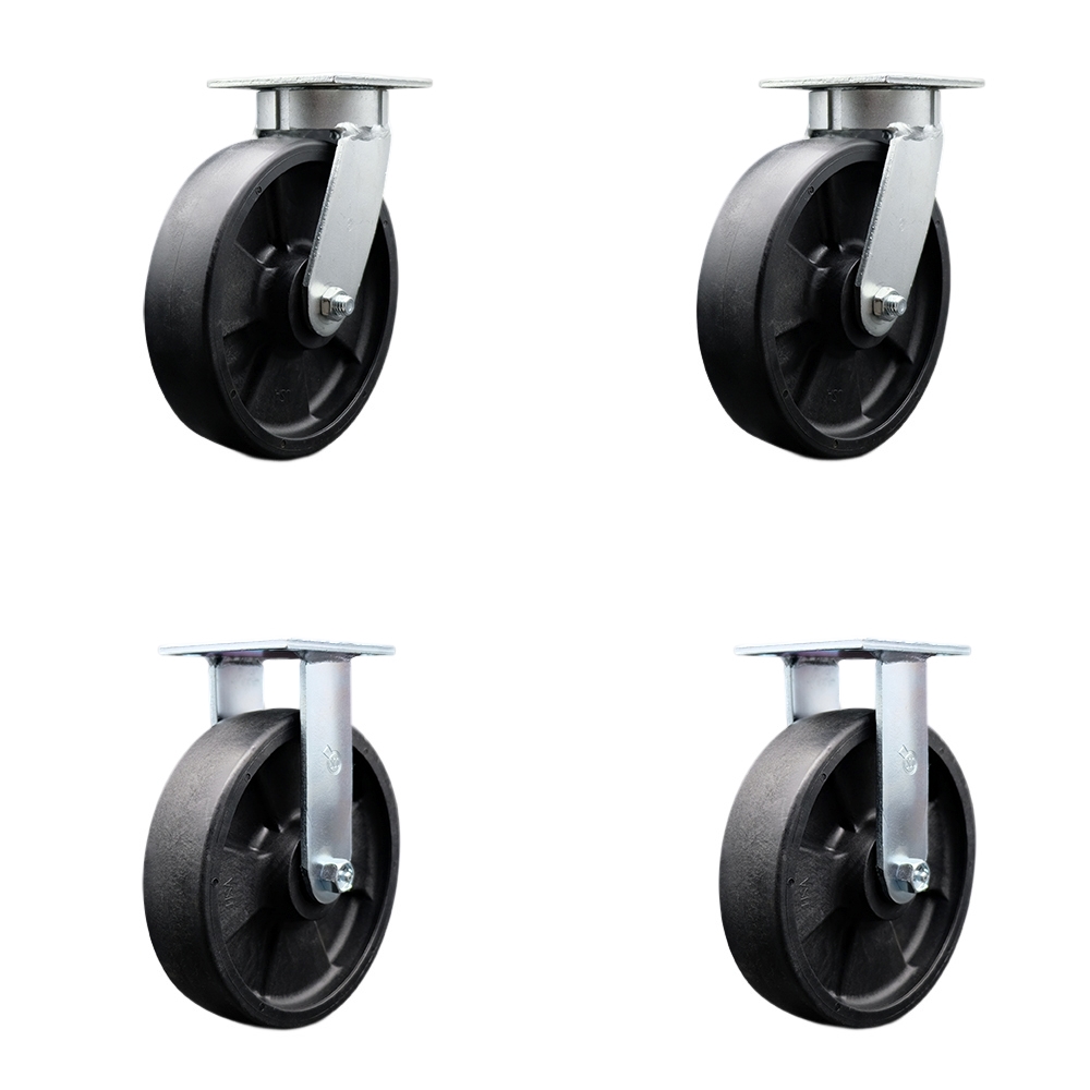 Kingpinless Glass Filled Nylon Swivel Top Plate Caster Set of 4 w/8" x 2" Black Wheels - Includes 2 Swivel & 2 Rigid - 5000 lbs Total Capacity - Service Caster Brand — photo 1