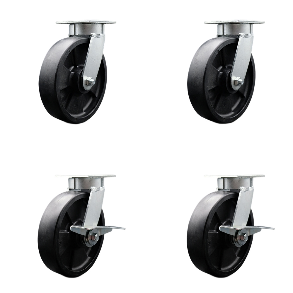 Kingpinless Glass Filled Nylon Swivel Top Plate Caster Set of 4 w/8" x 2" Black Wheels - Includes 2 Swivel with Brakes & 2 Swivel - 5000 lbs Total Capacity - Service Caster Brand — photo 1