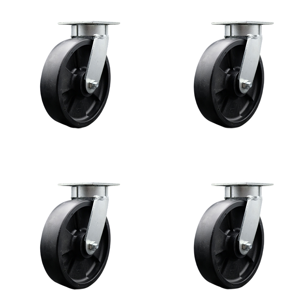 Kingpinless Glass Filled Nylon Swivel Top Plate Caster Set of 4 w/8" x 2" Black Wheels - Includes 4 Swivel - 5000 lbs Total Capacity - Service Caster Brand — photo 1