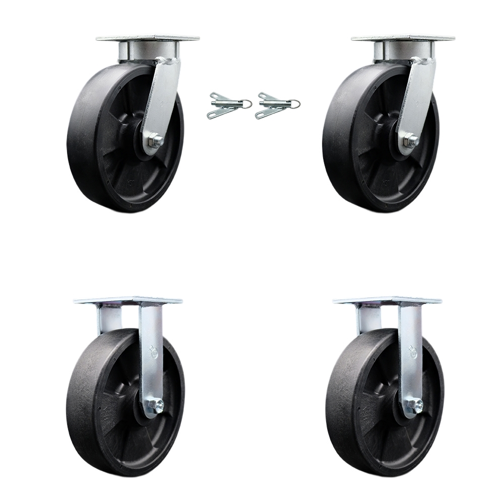 Kingpinless Glass Filled Nylon Swivel Top Plate Caster Set of 4 w/8" x 2" Black Wheels - Includes 2 Swivel with Bolt on Swivel Locks & 2 Rigid - 5000 lbs Total Capacity - Service Caster Brand — photo 1