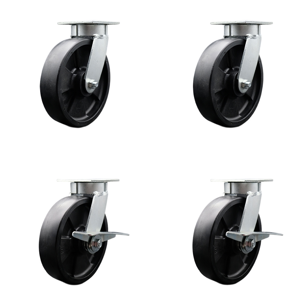 Kingpinless Glass Filled Nylon Swivel Top Plate Caster Set of 4 w/8" x 2" Black Wheels - Includes 2 Swivel with Bolt on Swivel Locks&2 Swivel with Brakes-5000 lbs Total Capacity - Service Caster Brand — photo 1