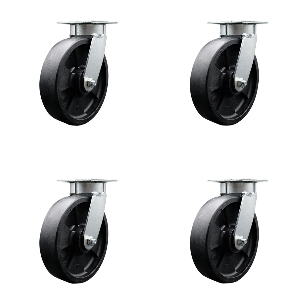 Kingpinless Glass Filled Nylon Swivel Top Plate Caster Set of 4 w/8" x 2" Black Wheels - Includes 4 Swivel w/Bolt on Swivel Locks - 5000 lbs Total Capacity - Service Caster Brand — photo 1