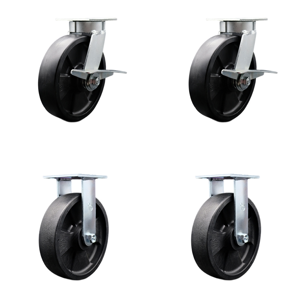 Kingpinless Glass Filled Nylon Swivel Top Plate Caster Set of 4 w/8" x 2" Black Wheels - Includes 2 Swivel with Brakes & 2 Rigid - 5000 lbs Total Capacity - Service Caster Brand — photo 1