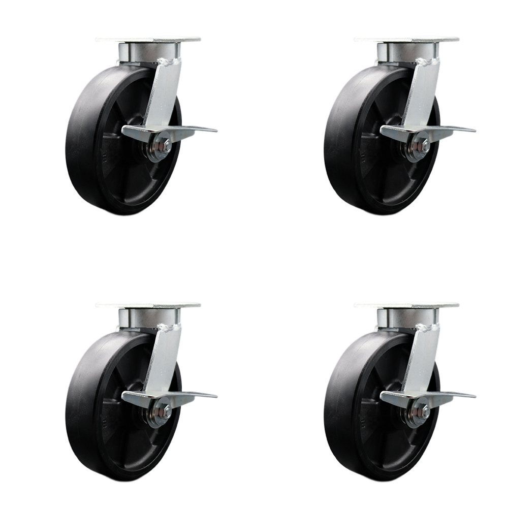 Kingpinless Glass Filled Nylon Swivel Top Plate Caster Set of 4 w/8" x 2" Black Wheels - Includes 4 Swivel w/Side Lck Brakes - 5000 lbs Total Capacity - Service Caster Brand — photo 1