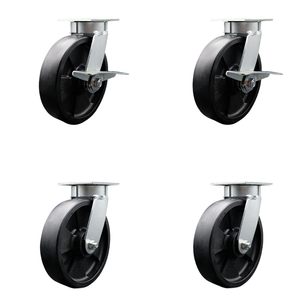 Kingpinless Glass Filled Nylon Swivel Top Plate Caster Set 4 w/8" x 2" Black Wheels-Includes 2 Swvl w/Brakes and Bolt on Swvl Lcks& 2 Swvl w/Bolt on Swvl Lcks-5000 lbs Total Cpty- Service Caster Brand — photo 1