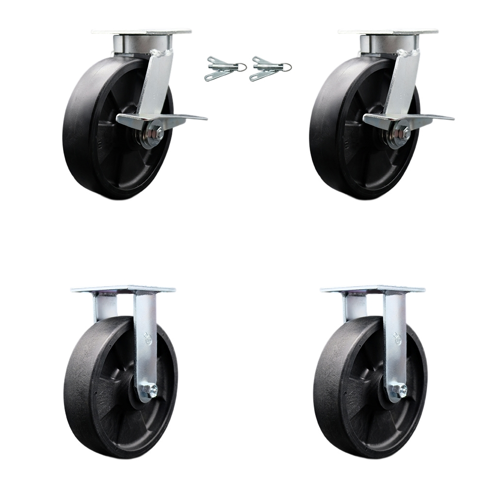 Kingpinless Glass Filled Nylon Swivel Top Plate Caster Set of 4 w/8" x 2" Black Wheels - Includes 2 Swivel with Brakes and Bolt on Swivel Locks & 2 Rigid-5000 lbs Total Capacity - Service Caster Brand — photo 1