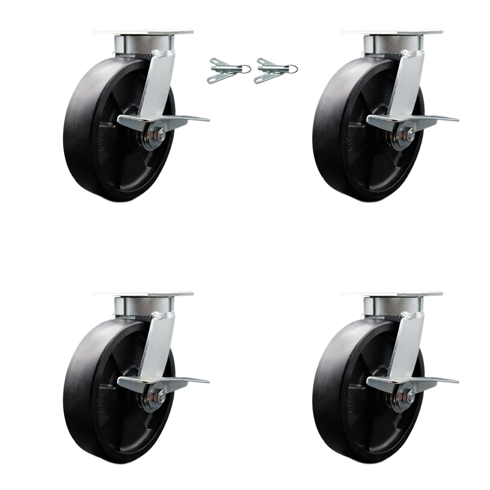 Kingpinless Glass Filled Nylon Swivel Top Plate Caster Set 4 w/8" x 2" Black Wheels-Includes 2 Swivel with Brakes and Bolt on Swivel Locks&2 Swivel with Brakes-5000 lbs Total Cpty-Service Caster Brand — photo 1