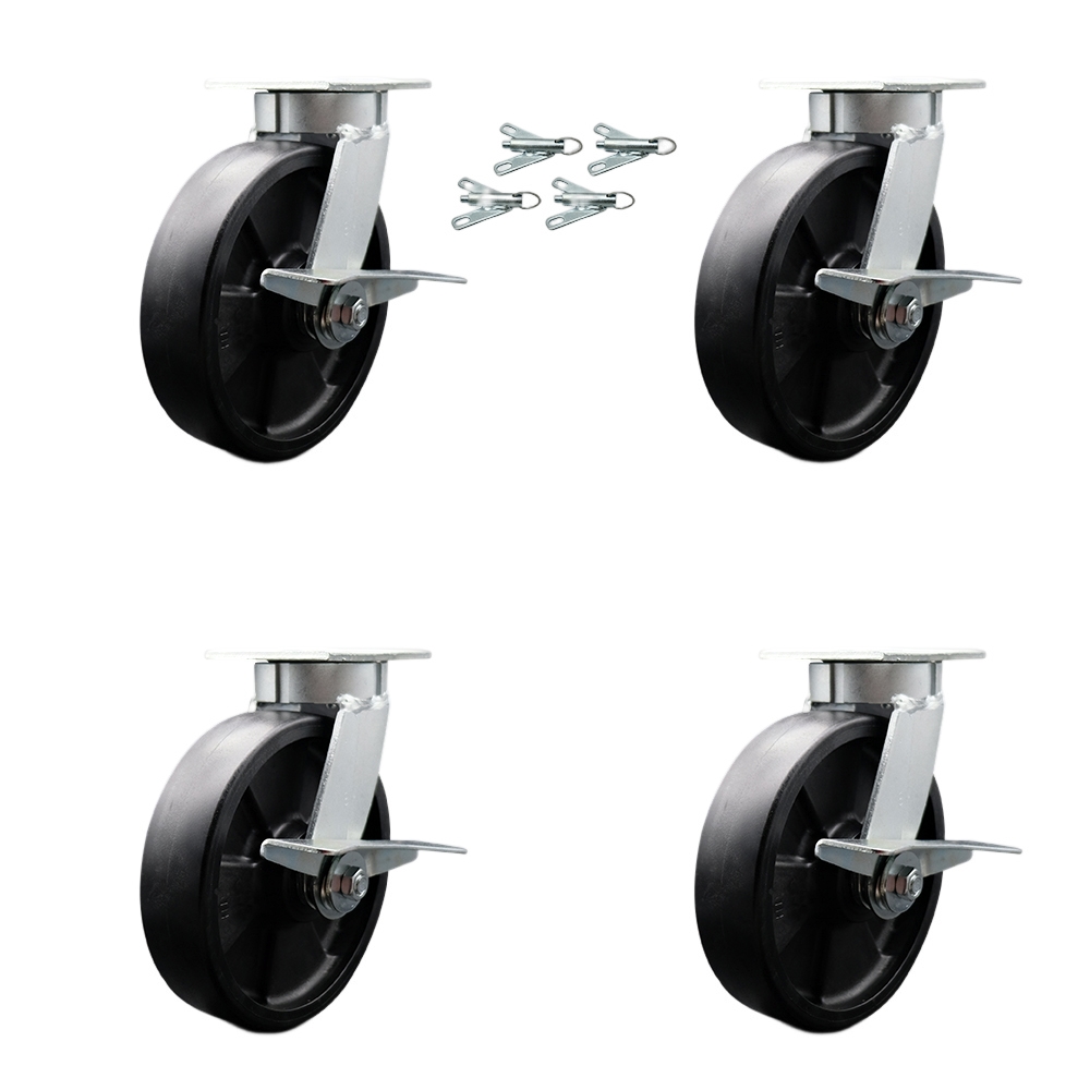 Kingpinless Glass Filled Nylon Swivel Top Plate Caster Set of 4 w/8" x 2" Black Wheels - Includes 4 Swivel w/Side Lck Brakes & Bolt on Swivel Locks - 5000 lbs Total Capacity - Service Caster Brand — photo 1