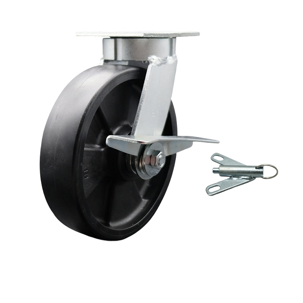 Kingpinless Glass Filled Nylon Swivel Top Plate Caster w/8" x 2" Black Wheel & Side Lck Brake and Bolt on Swivel Lock - 1250 lbs Capacity/Caster - Service Caster Brand — photo 1