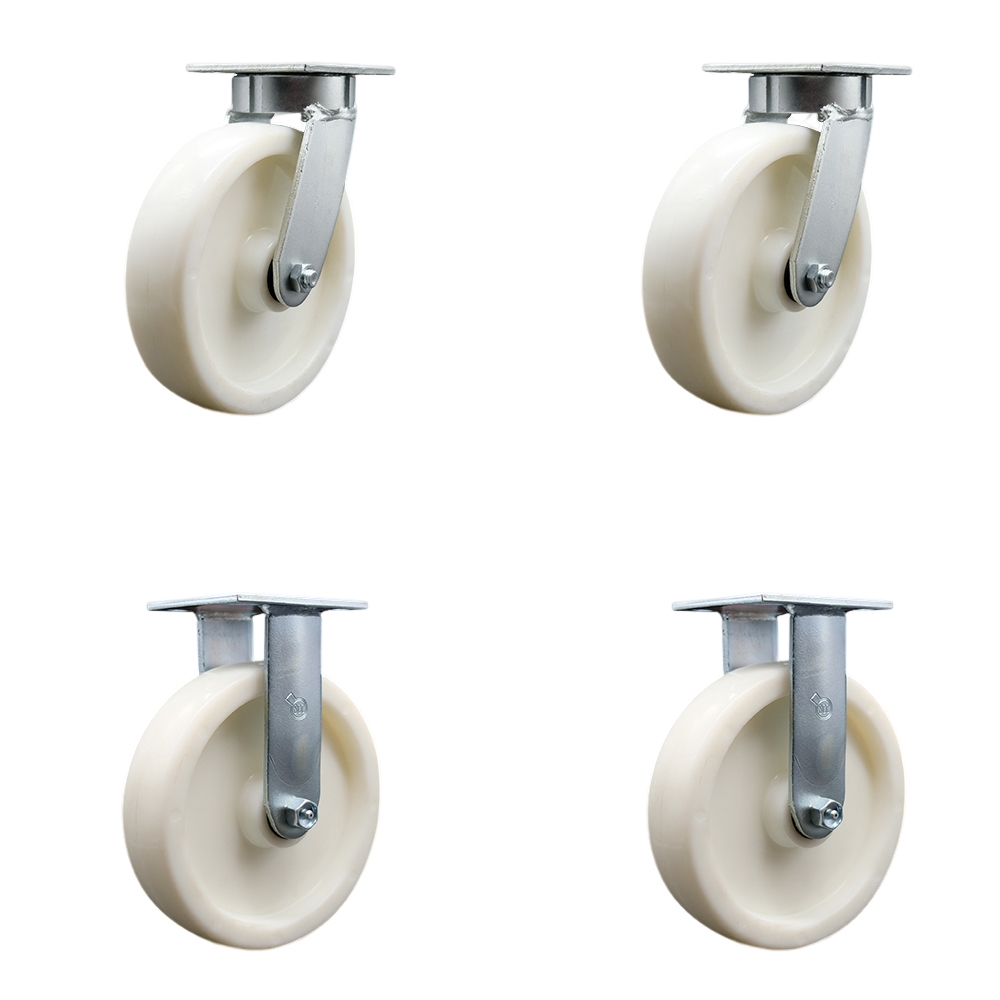Kingpinless Nylon Swivel Top Plate Caster Set of 4 w/8" x 2" White Wheels - Includes 2 Swivel & 2 Rigid - 5000 lbs Total Capacity - Service Caster Brand — photo 1