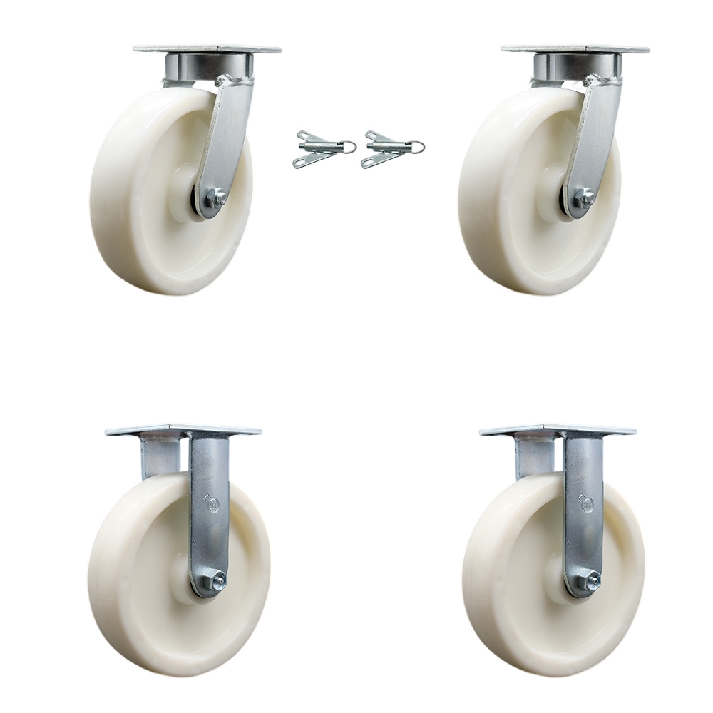 Heavy Duty Kingpinless Swivel Caster Set of 4 with 8 Inch Nylon Wheels and Ball Bearings - Includes 2 Swivel with Bolt on Swivel Locks and 2 Rigid - Service Caster Brand — photo 1
