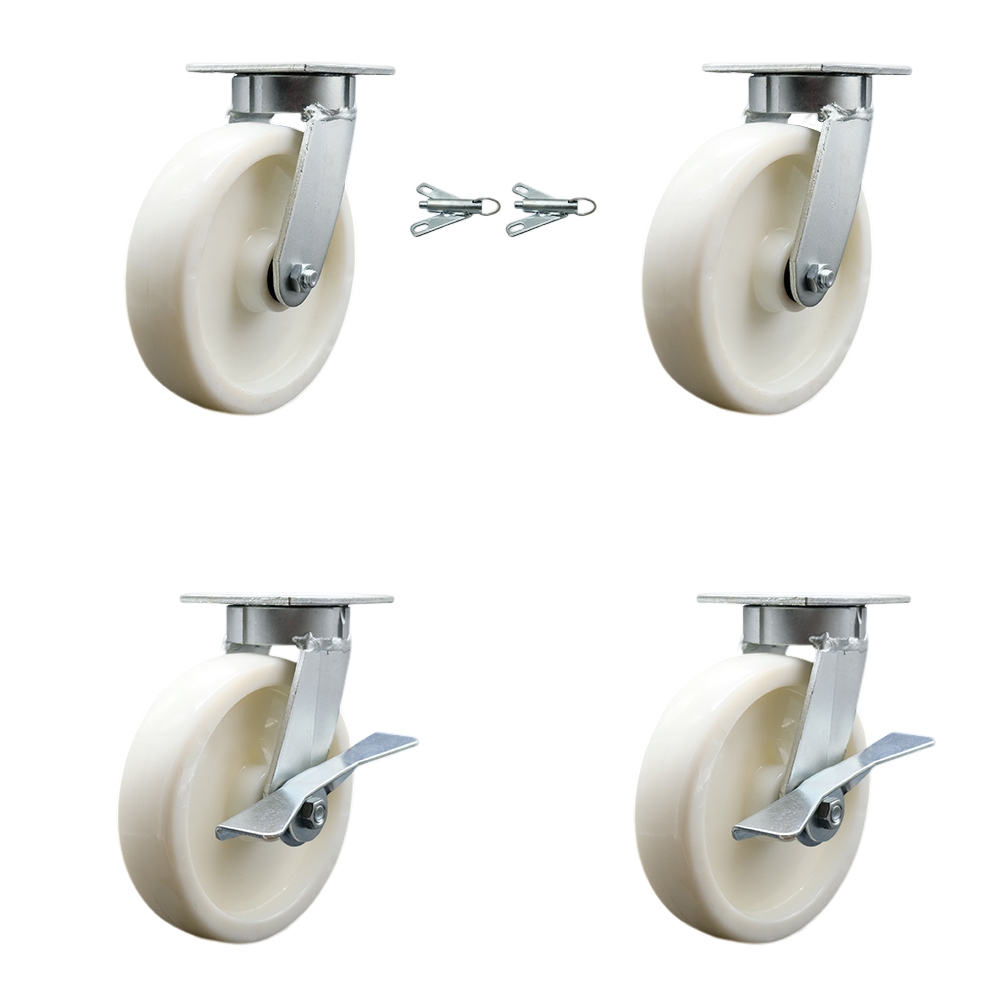 Heavy Duty Kingpinless Swivel Caster Set of 4 with 8 Inch Nylon Wheels and Ball Bearings - Includes 2 Swivel with Bolt on Swivel Locks and 2 Swivel with Brakes - Service Caster Brand — photo 1
