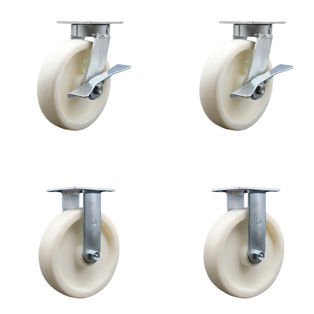 Heavy Duty Kingpinless Swivel Caster Set of 4 with 8 Inch Nylon Wheels and Ball Bearings - Includes 2 Swivel with Brakes and 2 Rigid - 5,000 lbs. Total Capacity - Service Caster Brand — photo 1
