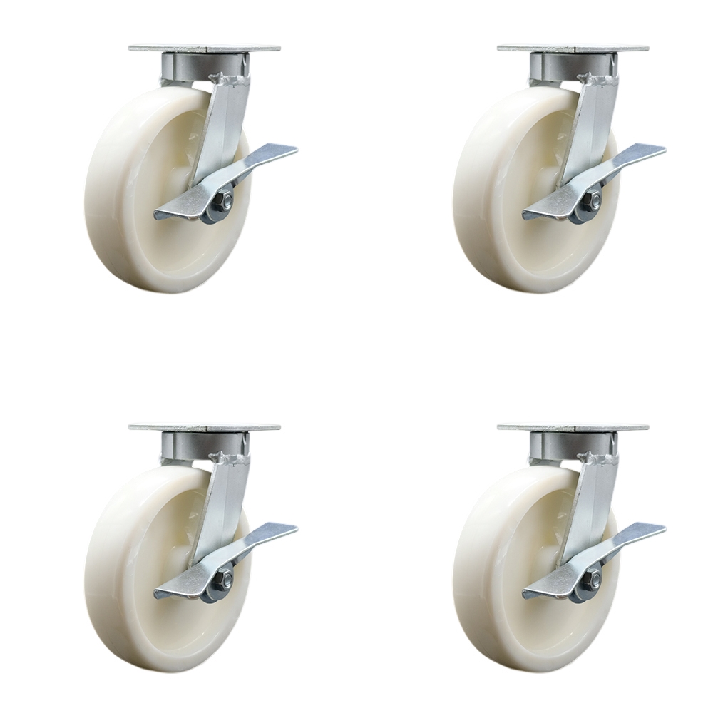 Heavy Duty Kingpinless Swivel Caster Set of 4 with 8 Inch Nylon Wheels and Ball Bearings - Includes 4 Swivel with Side Lock Brakes - 5,000 lbs. Total Capacity - Service Caster Brand — photo 1
