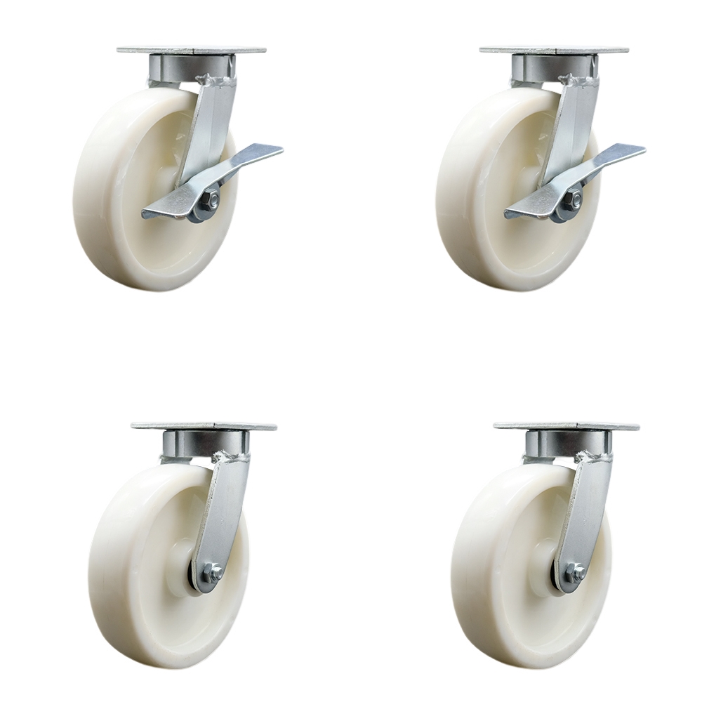 Kingpinless Nylon Swivel Top Plate Caster Set 4 w/8" x 2" White Wheels-Includes 2 Swvl w/Brakes and Bolt on Swvl Lcks& 2 Swvl w/Bolt on Swvl Lcks-5000 lbs Total Cpty- Service Caster Brand — photo 1