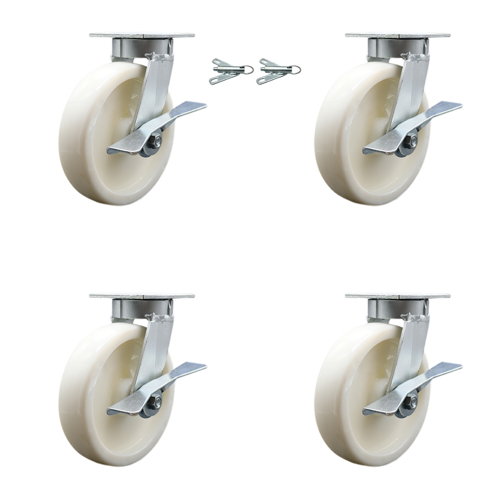 Kingpinless Nylon Swivel Top Plate Caster Set 4 w/8" x 2" White Wheels-Includes 2 Swivel with Brakes and Bolt on Swivel Locks&2 Swivel with Brakes-5000 lbs Total Cpty-Service Caster Brand — photo 1