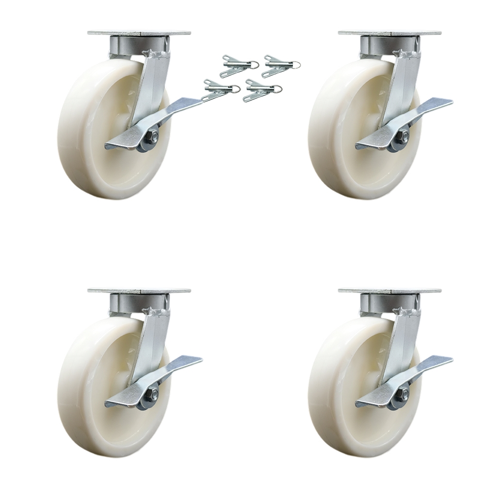 Heavy Duty Kingpinless Swivel Caster Set of 4 with 8 Inch Nylon Wheels and Ball Bearings - Includes 4 Swivel with Side Lock Brakes and Bolt on Swivel Locks - Service Caster Brand — photo 1