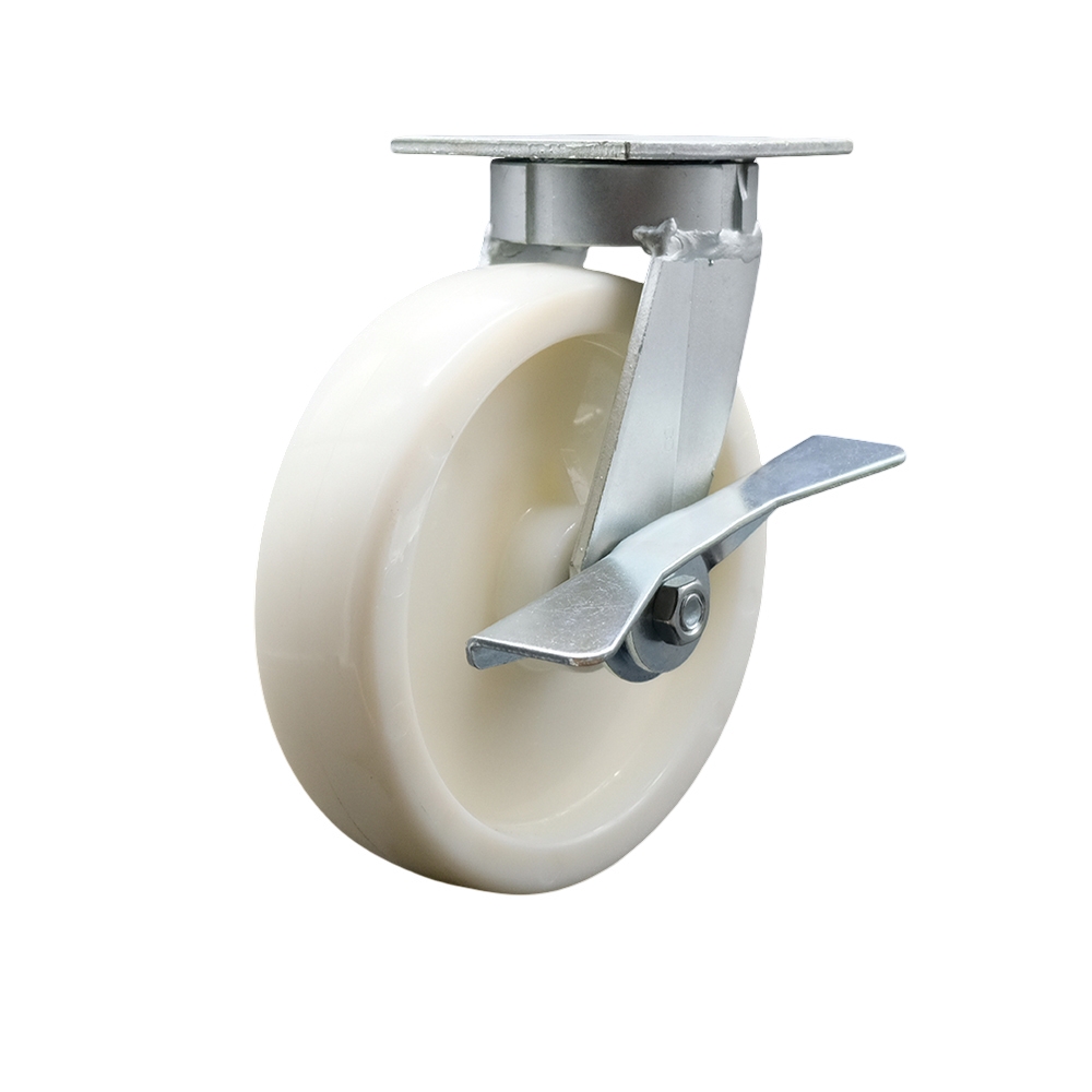 Kingpinless Nylon Swivel Top Plate Caster w/8" x 2" White Wheel & Side Lck Brake - 1250 lbs Capacity/Caster - Service Caster Brand — photo 1