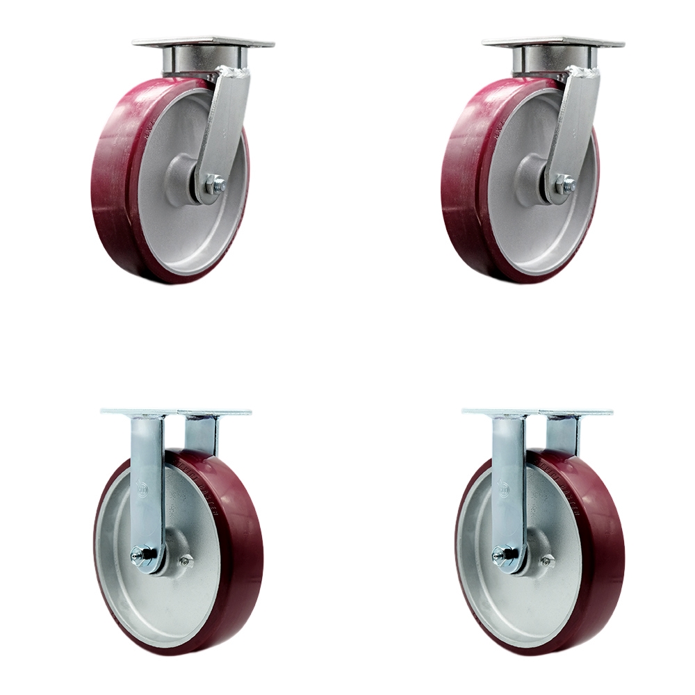 Heavy Duty Kingpinless Swivel Caster Set of 4 with 8 Inch Polyurethane on Aluminum Wheels and Ball Bearings - Includes 2 Swivel and 2 Rigid - 5,000 lbs. Total Capacity - Service Caster Brand — photo 1