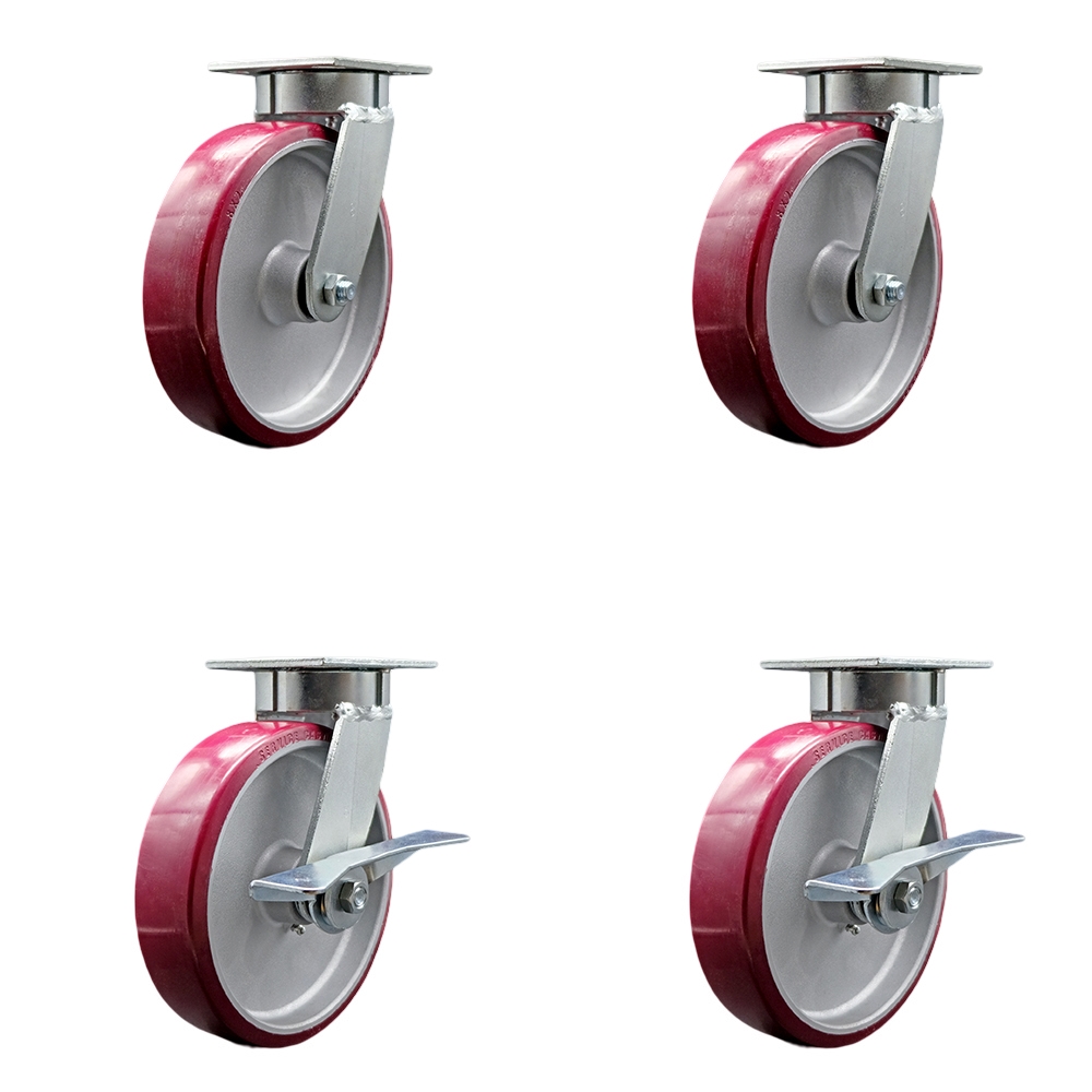 Heavy Duty Kingpinless Swivel Caster Set of 4 with 8 Inch Polyurethane on Aluminum Wheels and Ball Bearings -Includes 2 Swivel with Brakes and 2 Swivel-5,000 lbs. Total Capacity - Service Caster Brand — photo 1