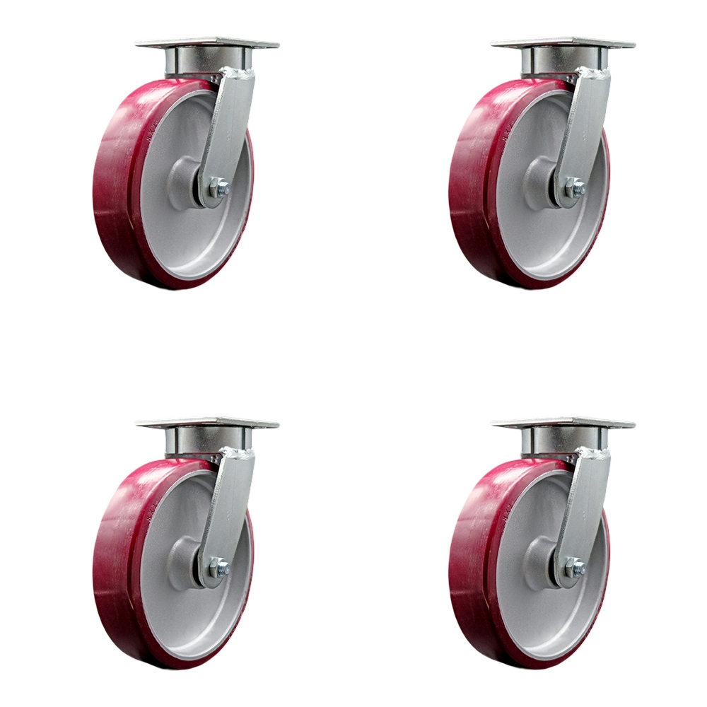 Kingpinless Polyurethane on Aluminum Swivel Top Plate Caster Set of 4 w/8" x 2" Maroon Wheels - Includes 4 Swivel - 5000 lbs Total Capacity - Service Caster Brand — photo 1