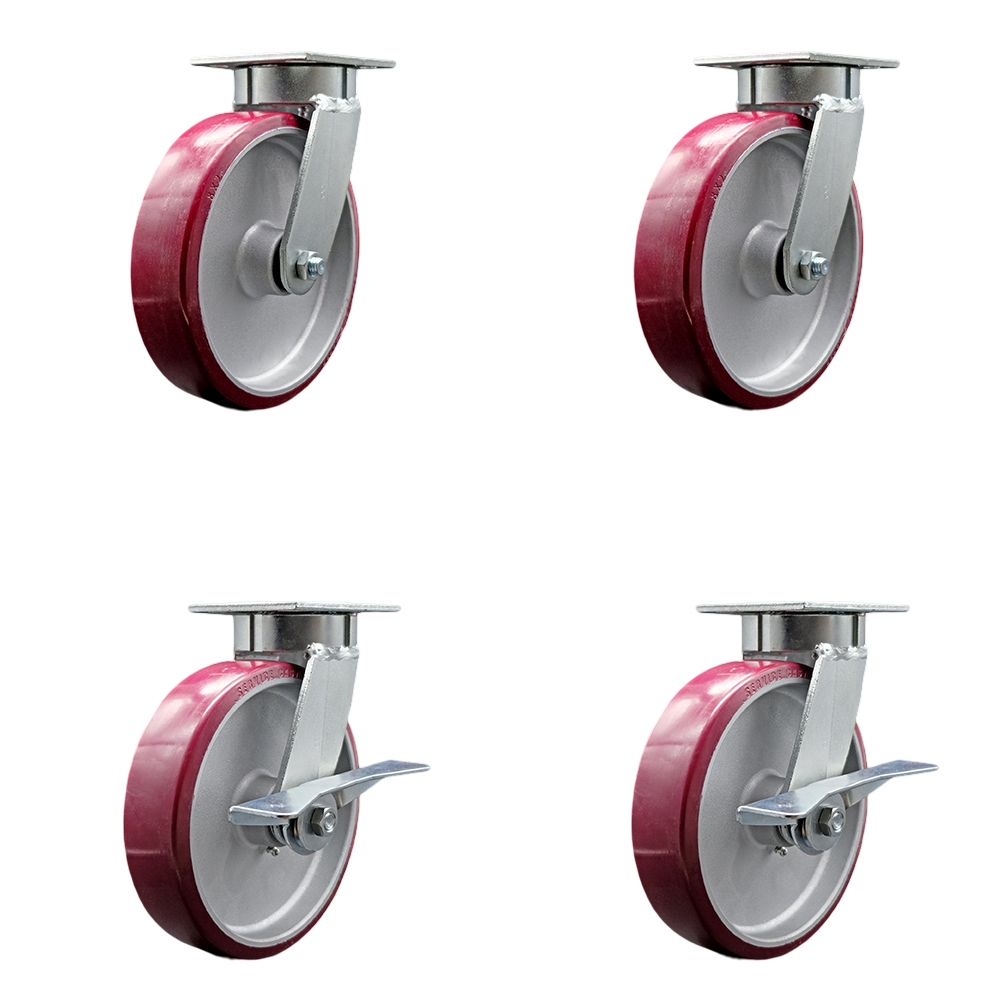 Kingpinless Polyurethane on Aluminum Swivel Top Plate Caster Set of 4 w/8" x 2" Maroon Wheels-Includes 2 Swivel with Bolt on Swivel Locks&2 Swivel with Brakes-5000lbs Total Cpty - Service Caster Brand — photo 1