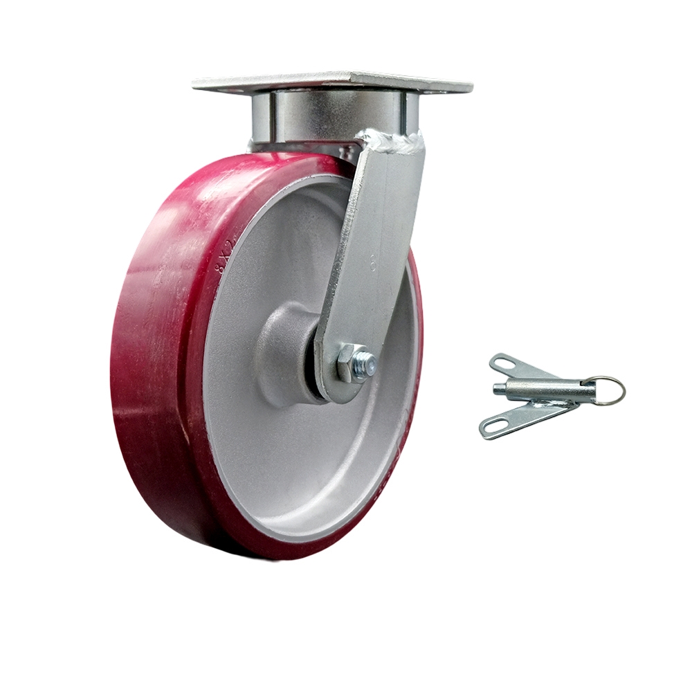Kingpinless Polyurethane on Aluminum Swivel Top Plate Caster w/8" x 2" Maroon Wheel & Bolt on Swivel Lock - 1250 lbs Capacity/Caster - Service Caster Brand — photo 1