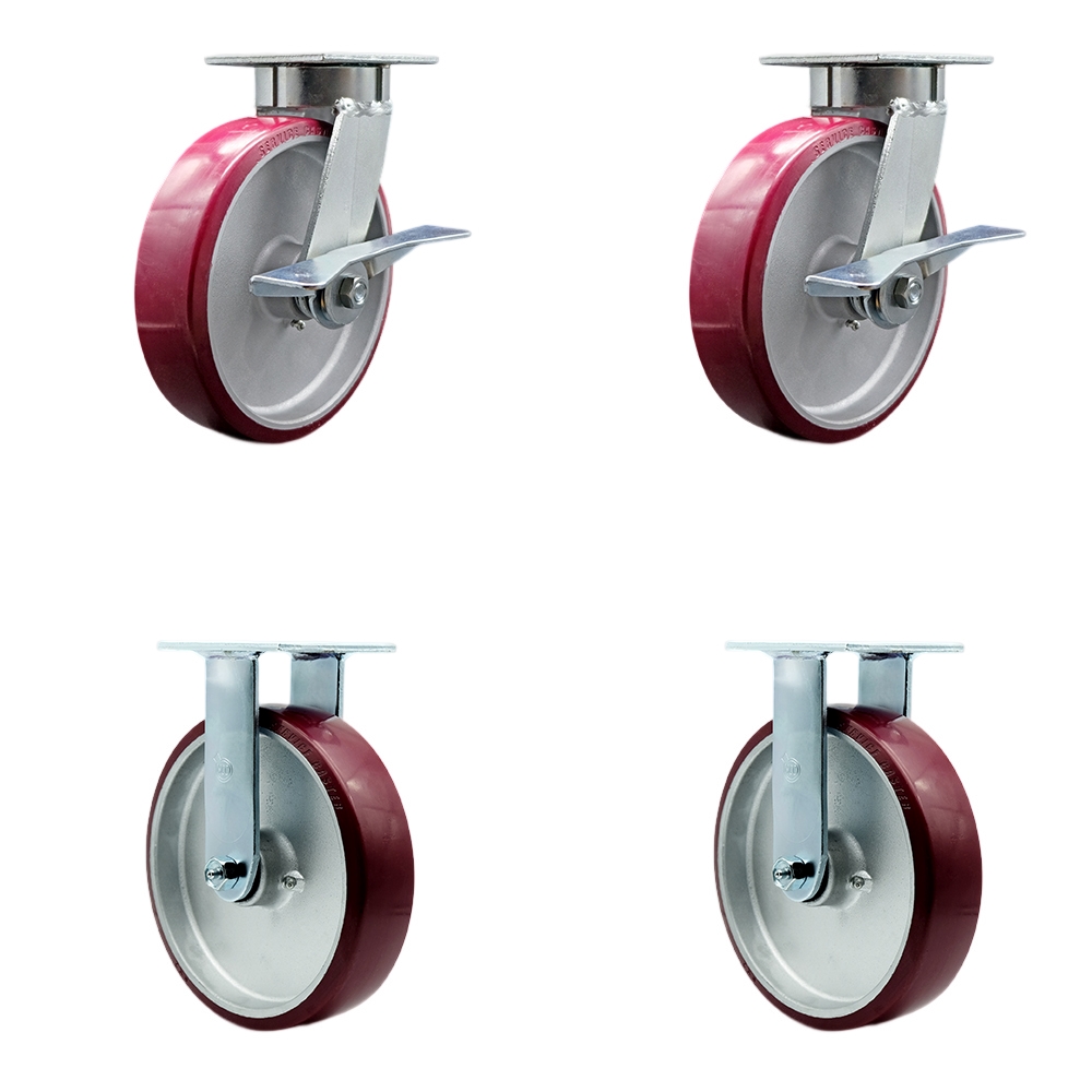 Heavy Duty Kingpinless Swivel Caster Set of 4 with 8 Inch Polyurethane on Aluminum Wheels and Ball Bearings - Includes 2 Swivel with Brakes and 2 Rigid-5,000 lbs. Total Capacity - Service Caster Brand — photo 1