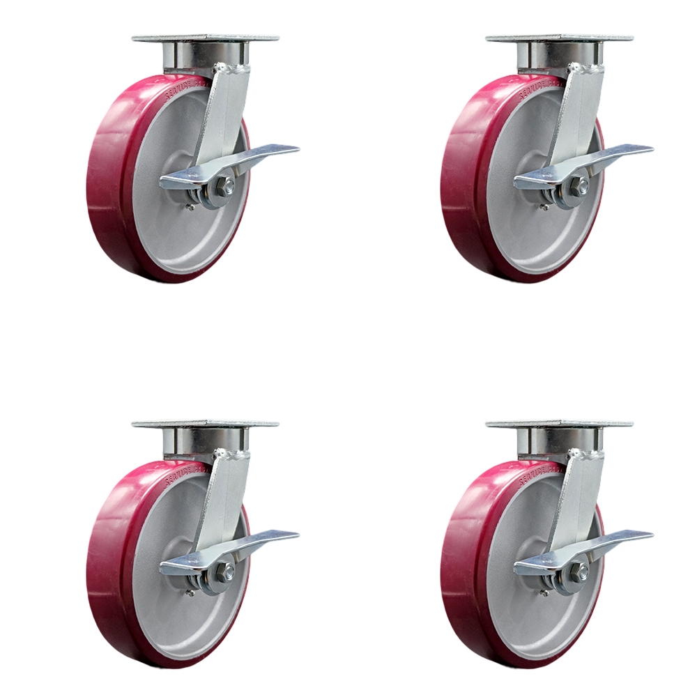 Heavy Duty Kingpinless Swivel Caster Set of 4 with 8 Inch Polyurethane on Aluminum Wheels and Ball Bearings - Includes 4 Swivel with Side Lock Brakes - 5,000 lbs. Total Capacity - Service Caster Brand — photo 1