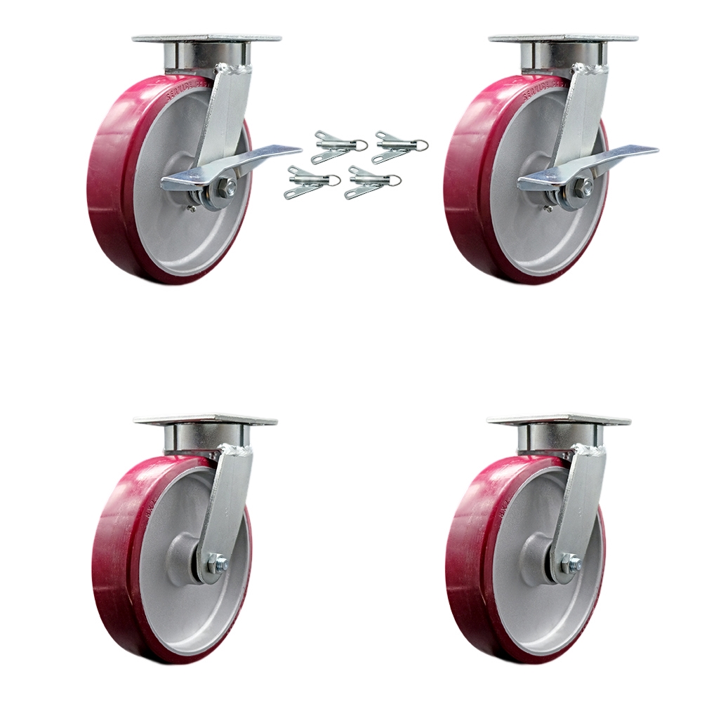 Heavy Duty Kingpinless Swivel Caster Set with 8 Inch Poly on Aluminum Wheels and Ball Bearings-Includes 2 Swivel with Brakes and Bolt on Swivel Locks and 2 Swivel with Swivel Lock-Service Caster Brand — photo 1