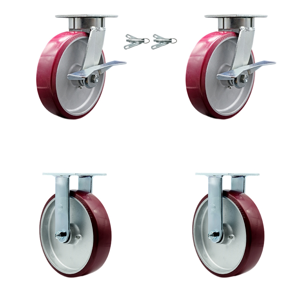 Heavy Duty Kingpinless Swivel Caster Set of 4 with 8 Inch Polyurethane on Aluminum Wheels and Ball Bearings - Includes 2 Swivel with Brakes and Bolt on Swivel Locks and 2 Rigid - Service Caster Brand — photo 1