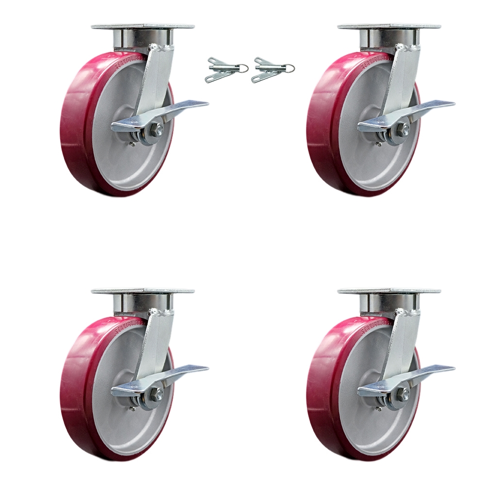 Kingpinless Poly on Aluminum Swivel Top Plate Caster Set 4 w/8" x 2" Maroon Wheels-Includes 2 Swivel with Brakes and Bolt on Swivel Locks&2 Swivel with Brakes-5000lbs Total Cpty - Service Caster Brand — photo 1
