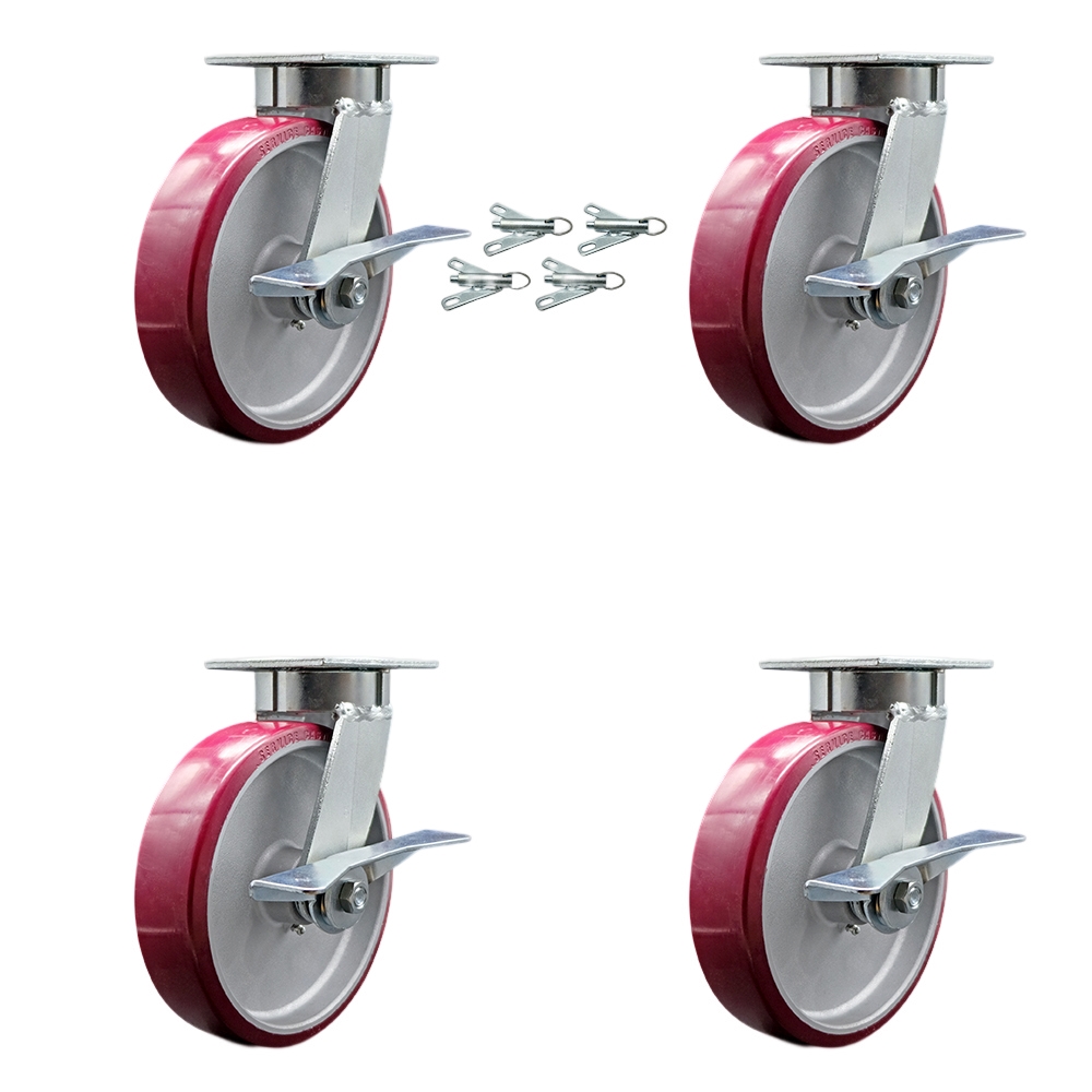 Kingpinless Polyurethane on Aluminum Swivel Top Plate Caster Set of 4 w/8" x 2" Maroon Wheels - Includes 4 Swivel w/Side Lck Brakes & Bolt on Swivel Locks-5000lbs Total Capacity - Service Caster Brand — photo 1