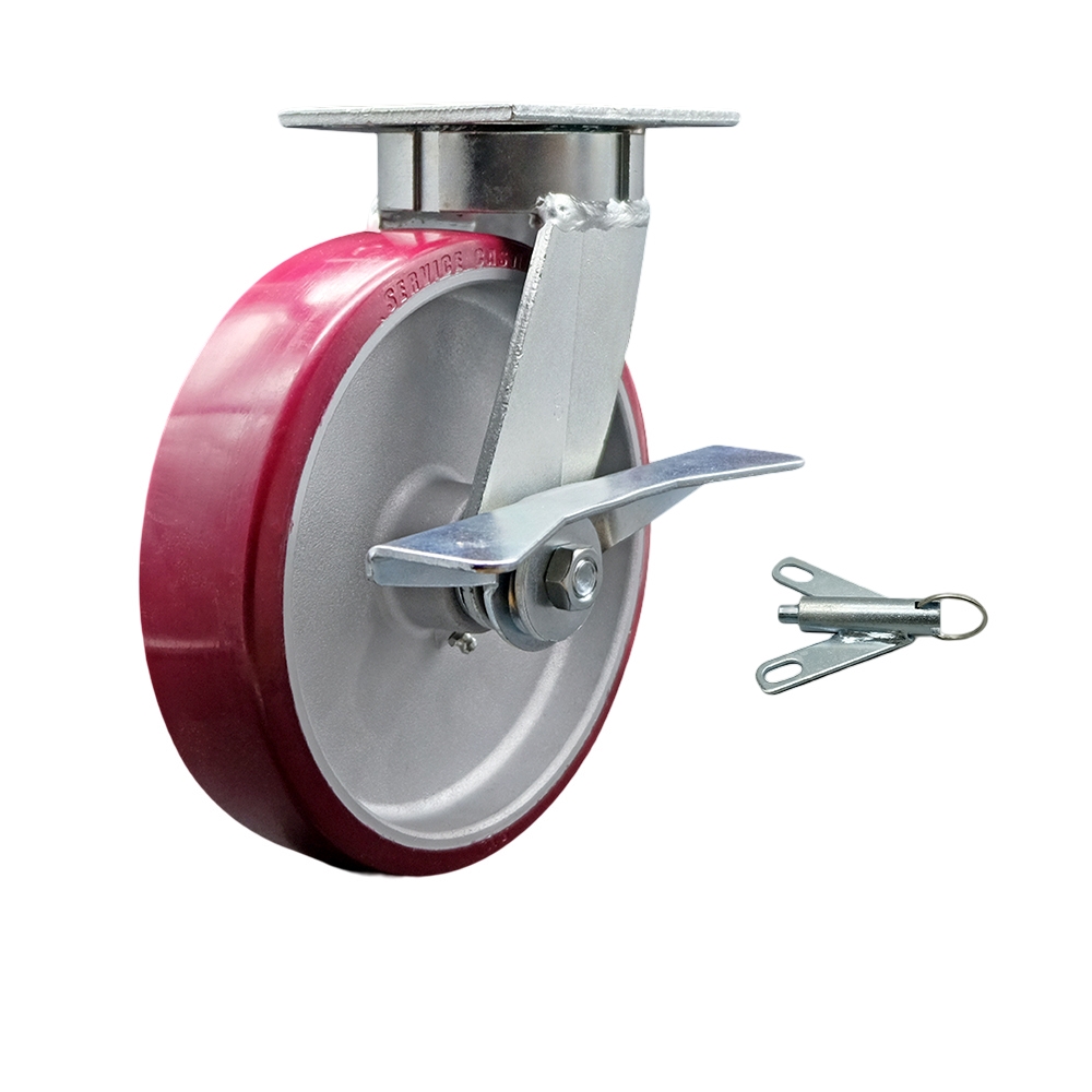 Heavy Duty Kingpinless Swivel Top Plate Caster with Side Lock Brake and Bolt on Swivel Lock and 8 Inch Polyurethane on Aluminum Wheel with Ball Bearings-1,250 lbs. Capacity/Caster-Service Caster Brand — photo 1