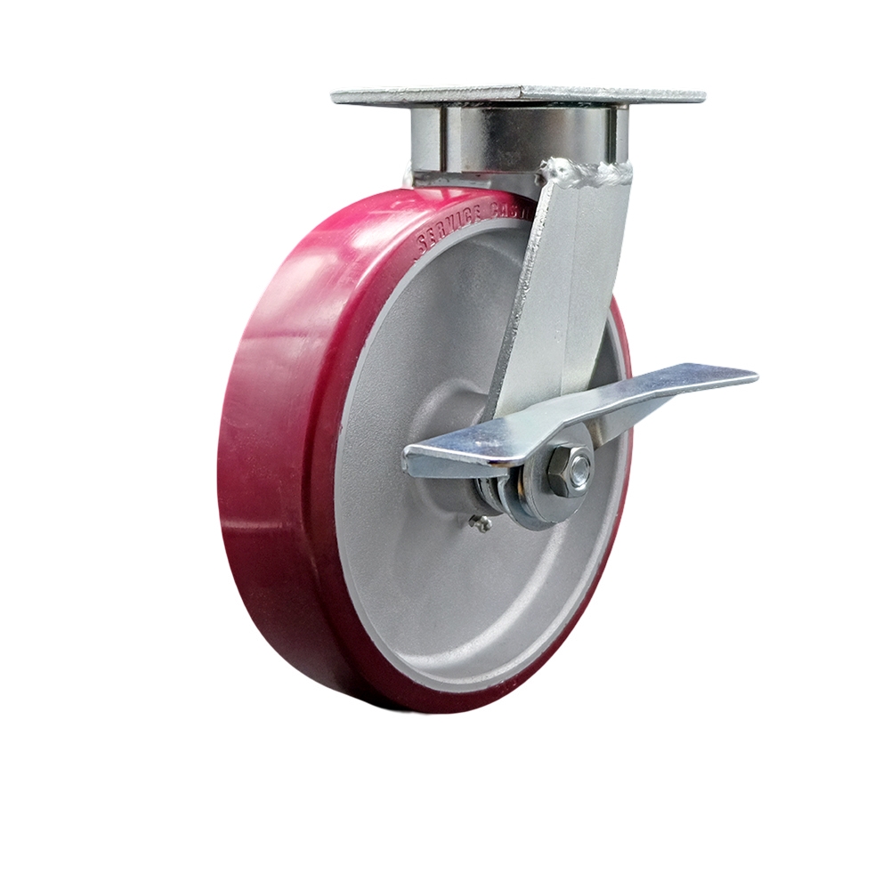 Kingpinless Polyurethane on Aluminum Swivel Top Plate Caster w/8" x 2" Maroon Wheel & Side Lck Brake - 1250 lbs Capacity/Caster - Service Caster Brand — photo 1