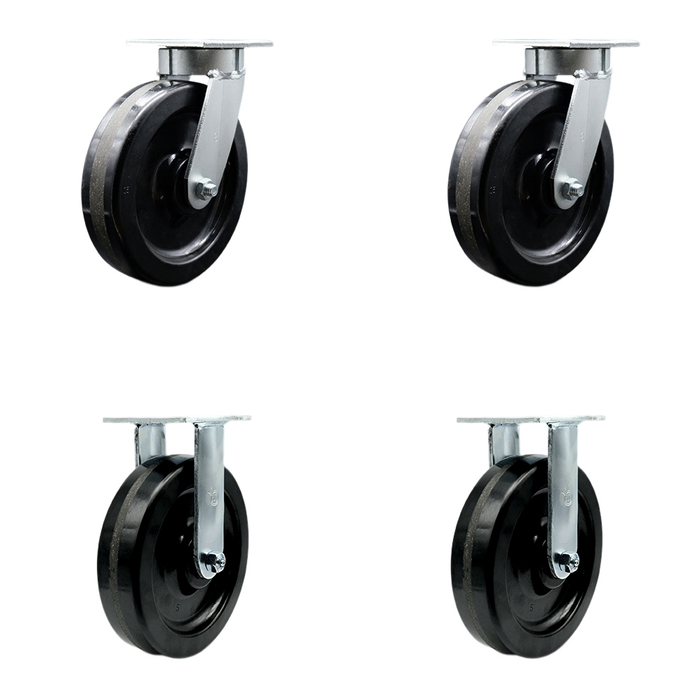 Kingpinless Phenolic Swivel Top Plate Caster Set of 4 w/8" x 2" Black Wheels - Includes 2 Swivel & 2 Rigid - 5000 lbs Total Capacity - Service Caster Brand — photo 1